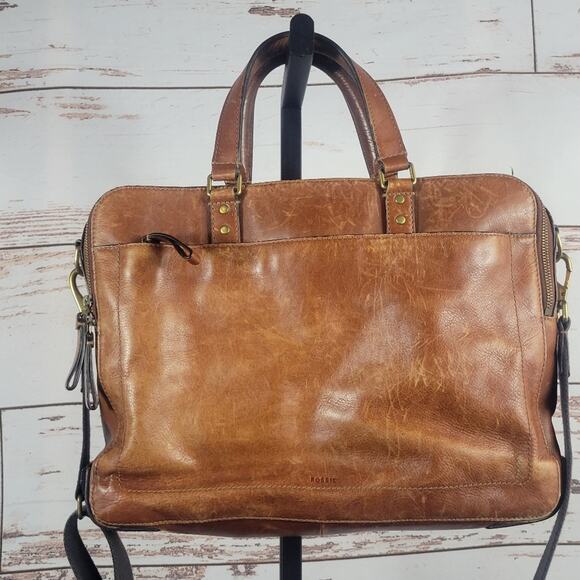 Fossil Haskell Double Zip Workbag Brown Leather FLAW - Picture 3 of 10